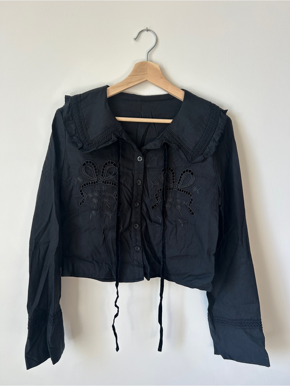 SHEIN Black Embroidered Button-Front Jacket with Decorative Collar
